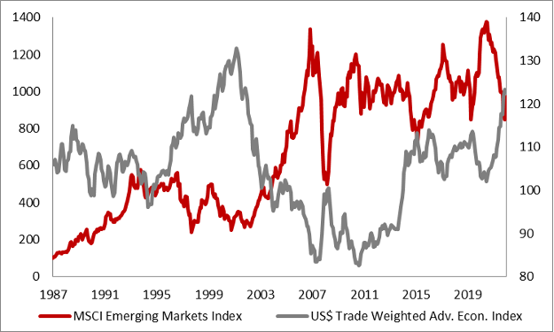 Figure 9: Performance of the MSCI Emerging Markets and a U.S. Dollar Index (1989 – 2022)